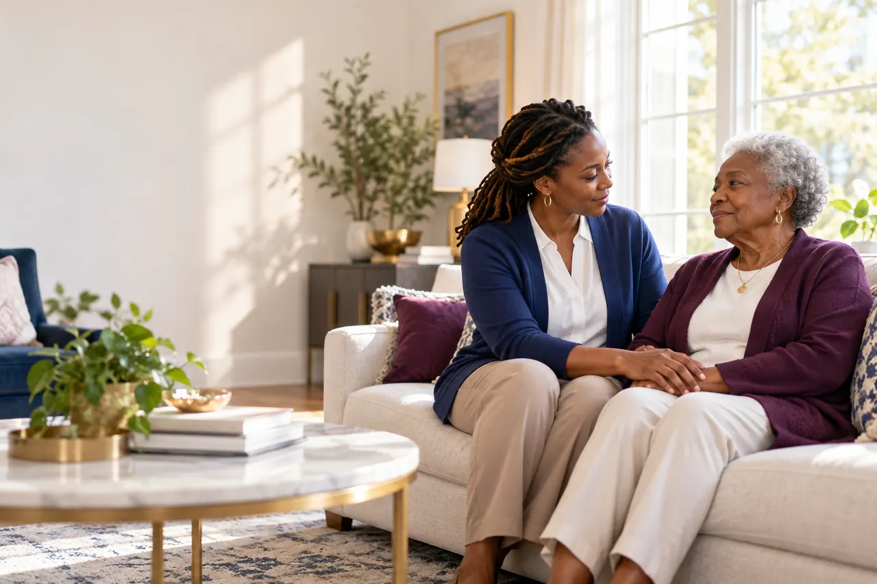 Caregiver sharing a supportive conversation with an older adult